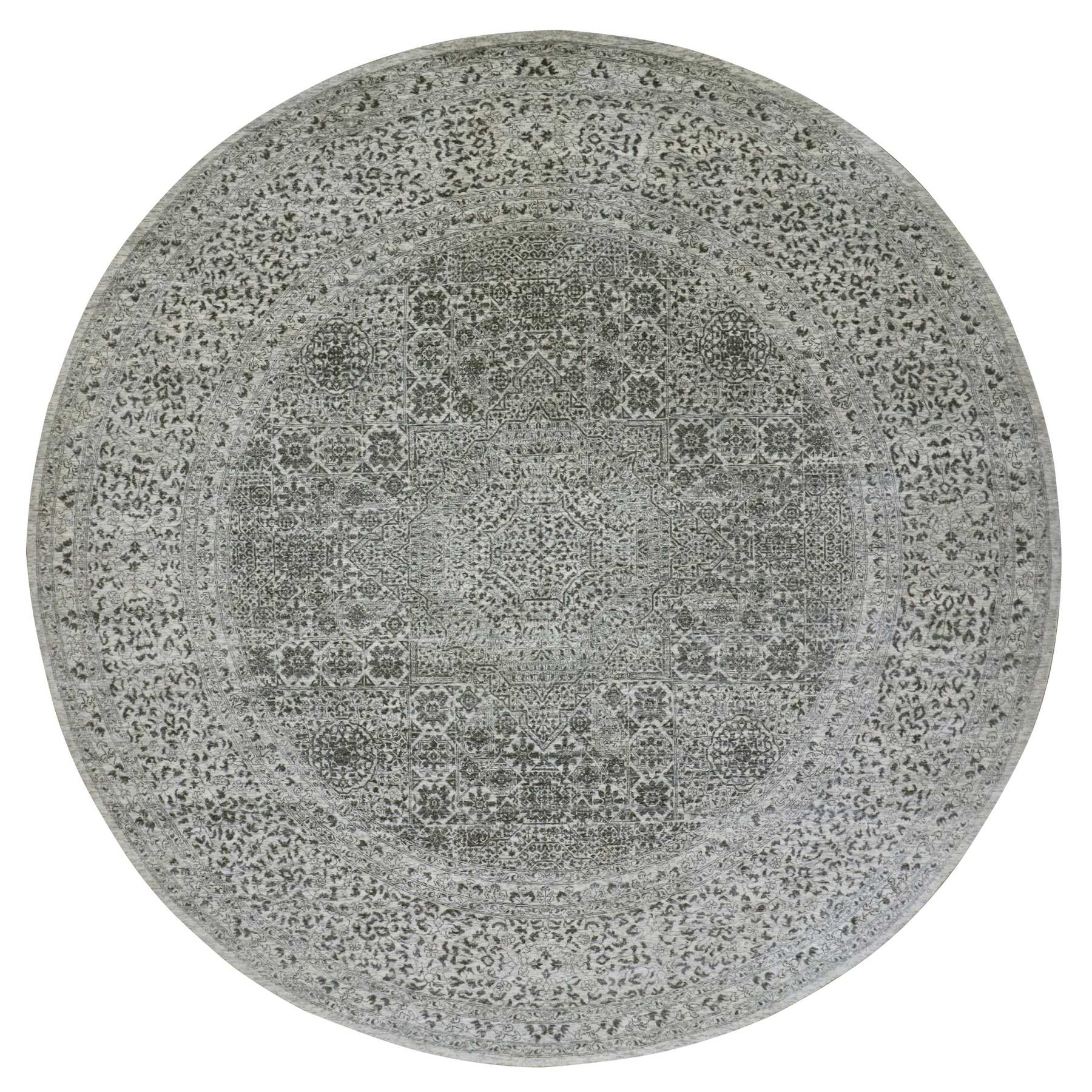 12'x12' Decorators White, Tone on Tone, Hand Knotted Undyed Extra Soft Wool, Round Mamluk Dynasty Design, Oriental Rug 